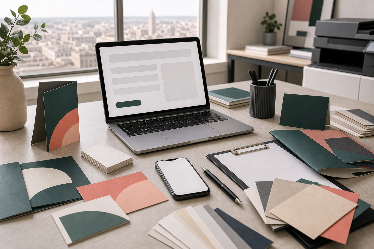 Postazione di lavoro con materiali di stampa per eventi